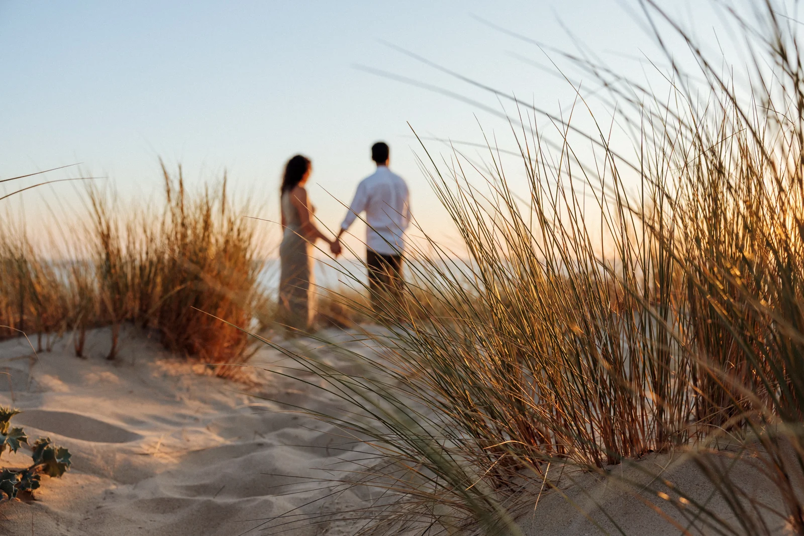 couple dans les dunes au coucher de soleil avec herbes en premier plan lors d’une séance photo dans les Landes
